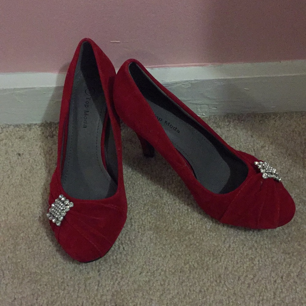 EUC Velvet Red Heels with Gem Accent